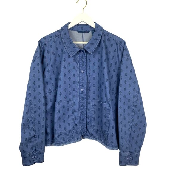 Isaac Mizrahi Jackets & Blazers - Isaac Mizrahi Jacket Womens XL Blue Denim Printed Fringed Hem Cropped Pockets